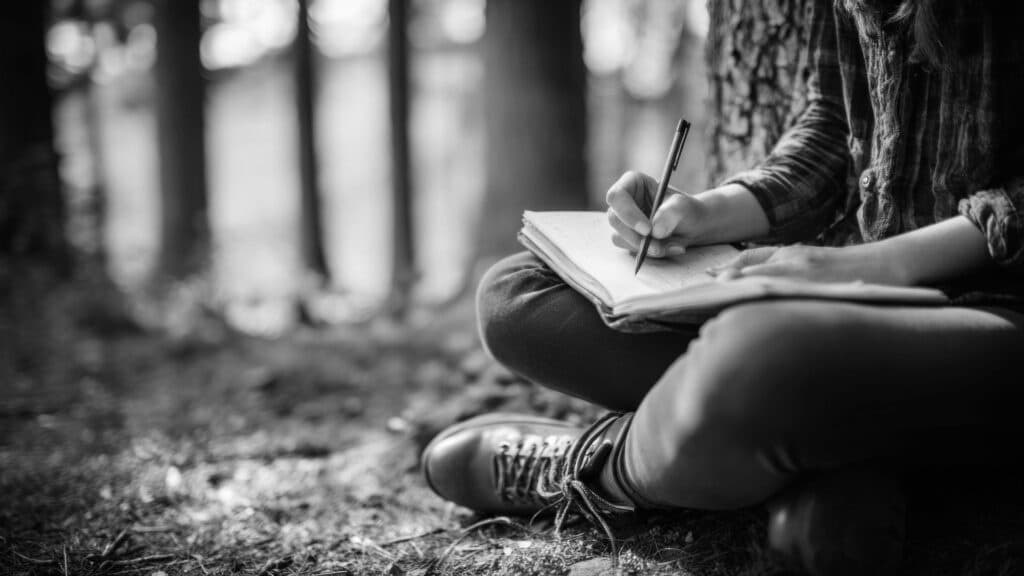 Person sitting outdoors writing in a diary.